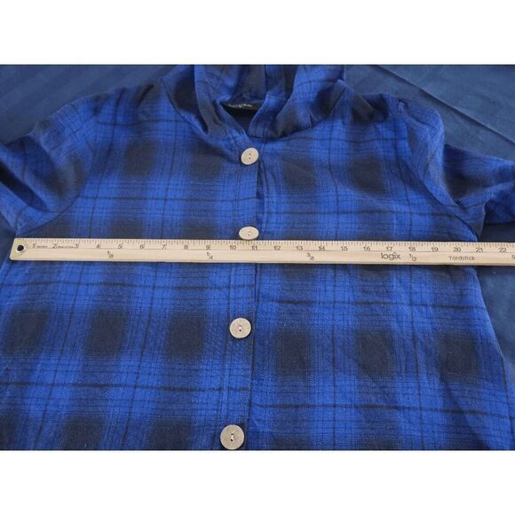 Plaid Knit Button-Accent Hooded button-down shirt M - Picture 6 of 9